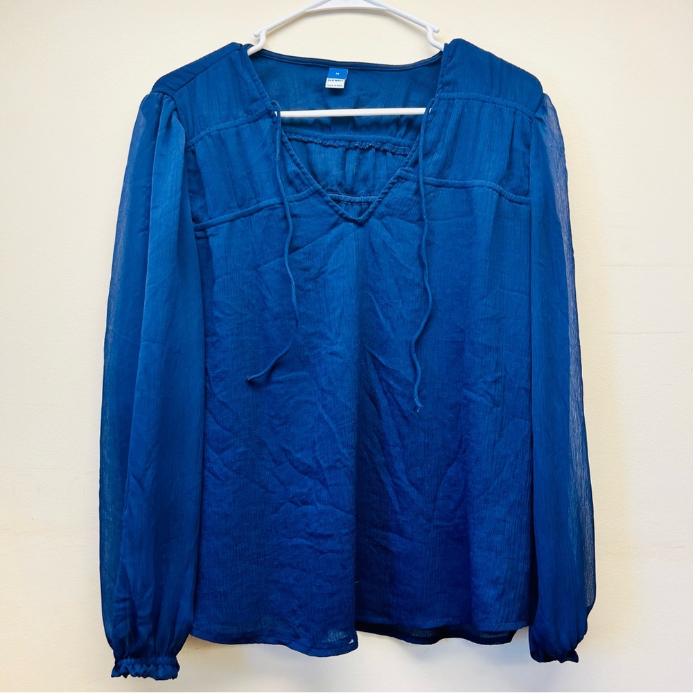 Blue Chiffon Like Old Navy Dress Blouse with Sheer Sleeves - 1062